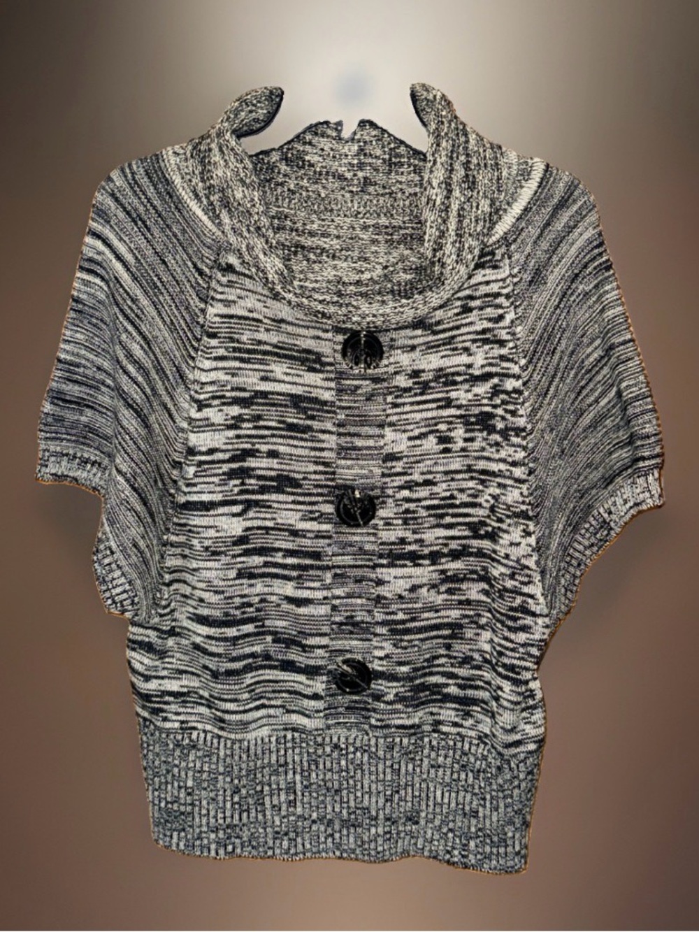 Jon & Anna Marled Short-Sleeve Button Sweater w/Cowl Neck-Gray & White-S-NWOT